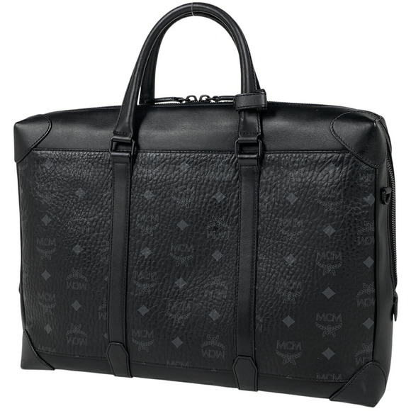 Mcm Shoulder Briefcase Bag Black Leather Business Bag Visetos Logogram - Picture 1 of 7